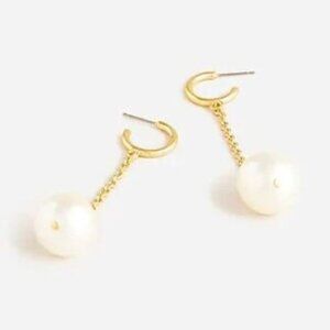 💜 J. Crew Large Pearl and Chain Drop Gold Tone Earrings NWT